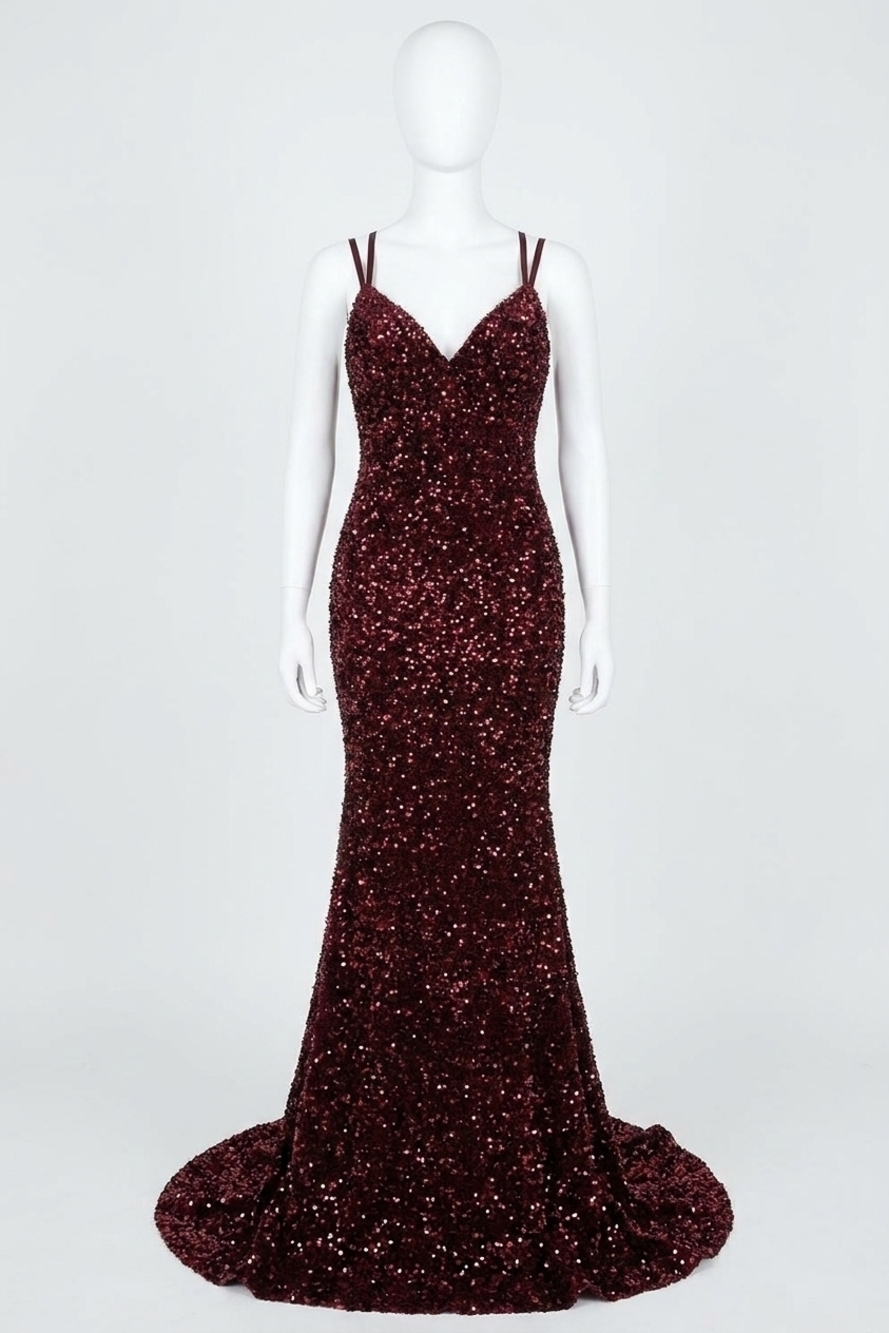 NEW SHERRI HILL women's fitted sequin prom gown in cranberry